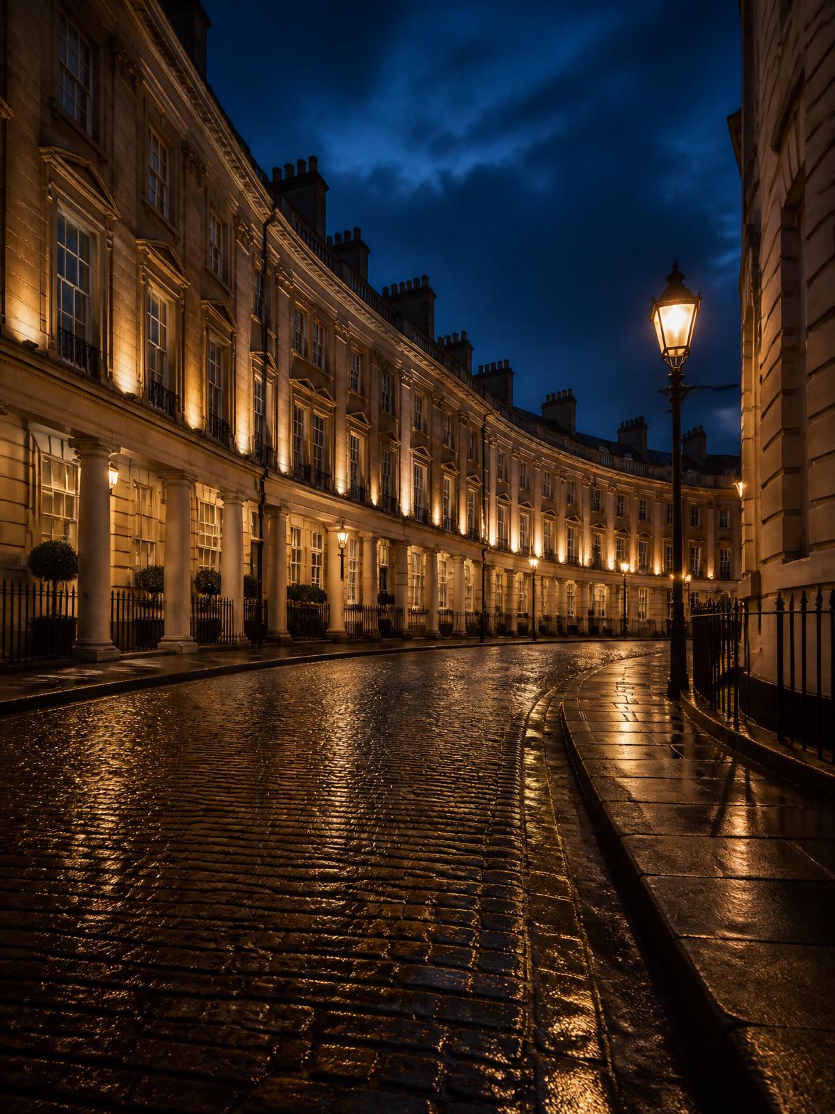 An elegant London street illuminated at blue hour